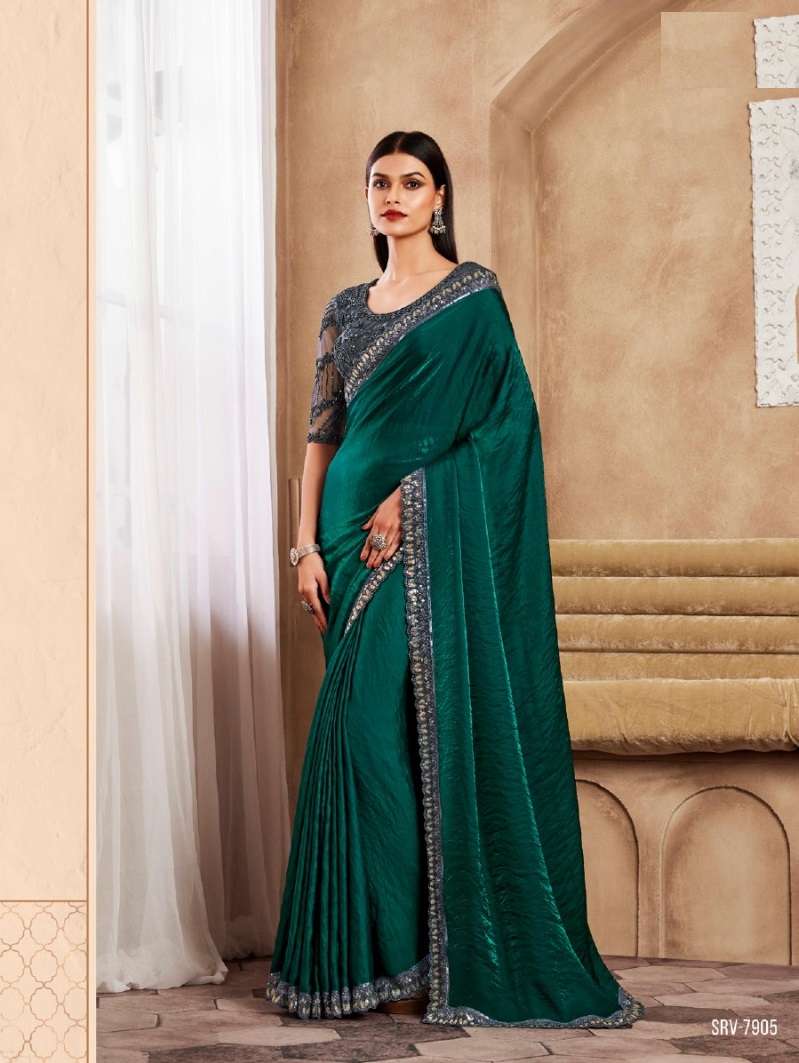 DESIGNER FANCY WEDDING PARTY WEAR INDIAN GREEN SILK SAREE COLLECTION SM TFH SARVARATNA 7905