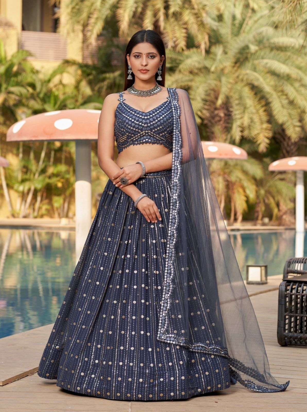 DESIGNER FANCY WEDDING PARTY WEAR INDIAN GREY GEORGETTE LEHENGA CHOLI WITH DUPATTA DST GOLDEN PALM 8006