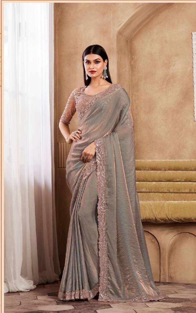 DESIGNER FANCY WEDDING PARTY WEAR INDIAN GREY SILK SAREE COLLECTION SM TFH SARVARATNA 7907