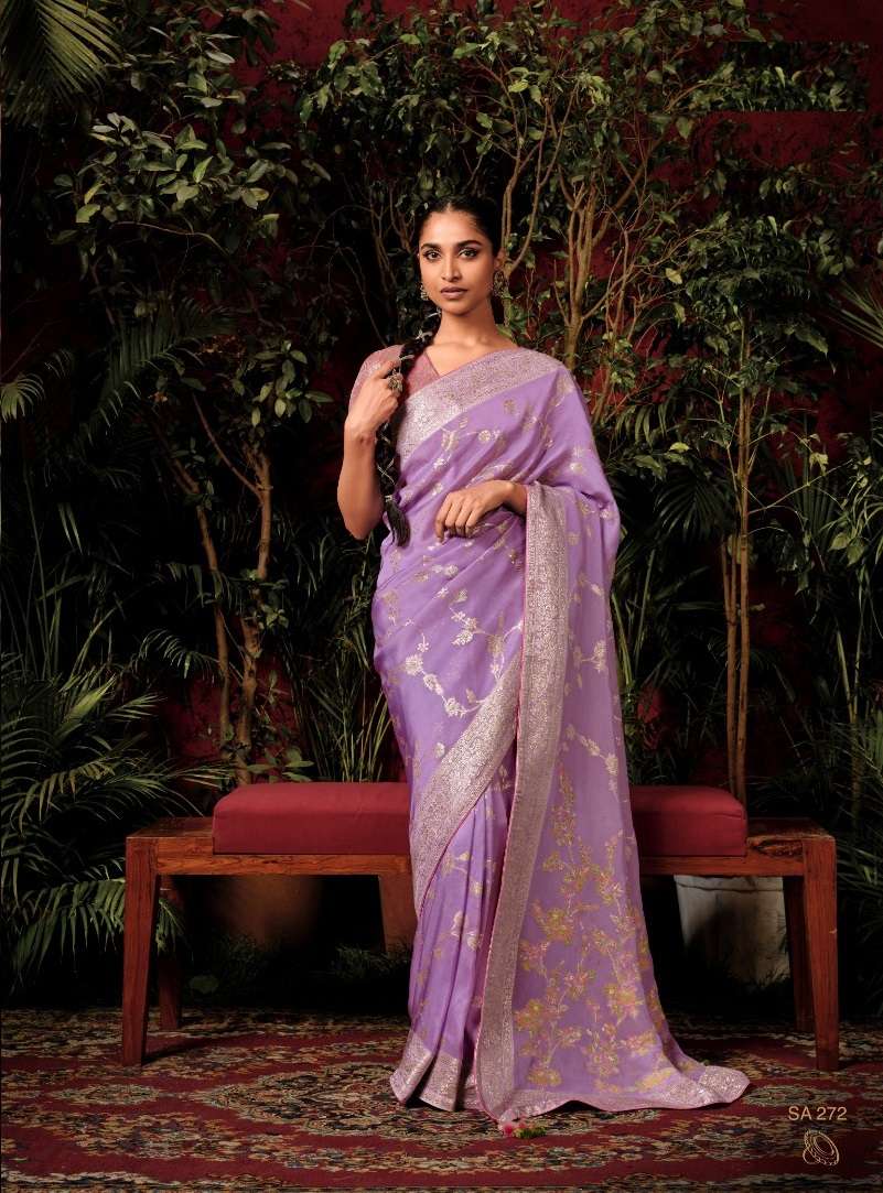 DESIGNER FANCY WEDDING PARTY WEAR INDIAN LAVENDER BANARASI SILK SAREE COLLECTION SM KIMORA ANOKHI 272