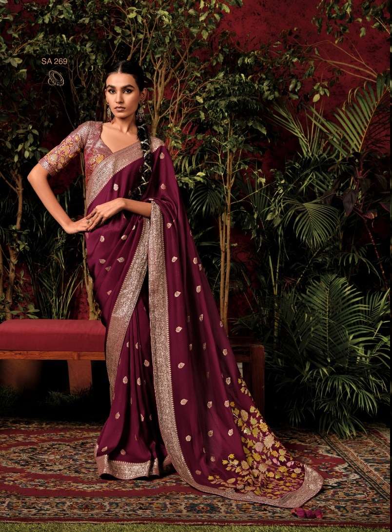 DESIGNER FANCY WEDDING PARTY WEAR INDIAN MAROON BANARASI SILK SAREE COLLECTION SM KIMORA ANOKHI 269