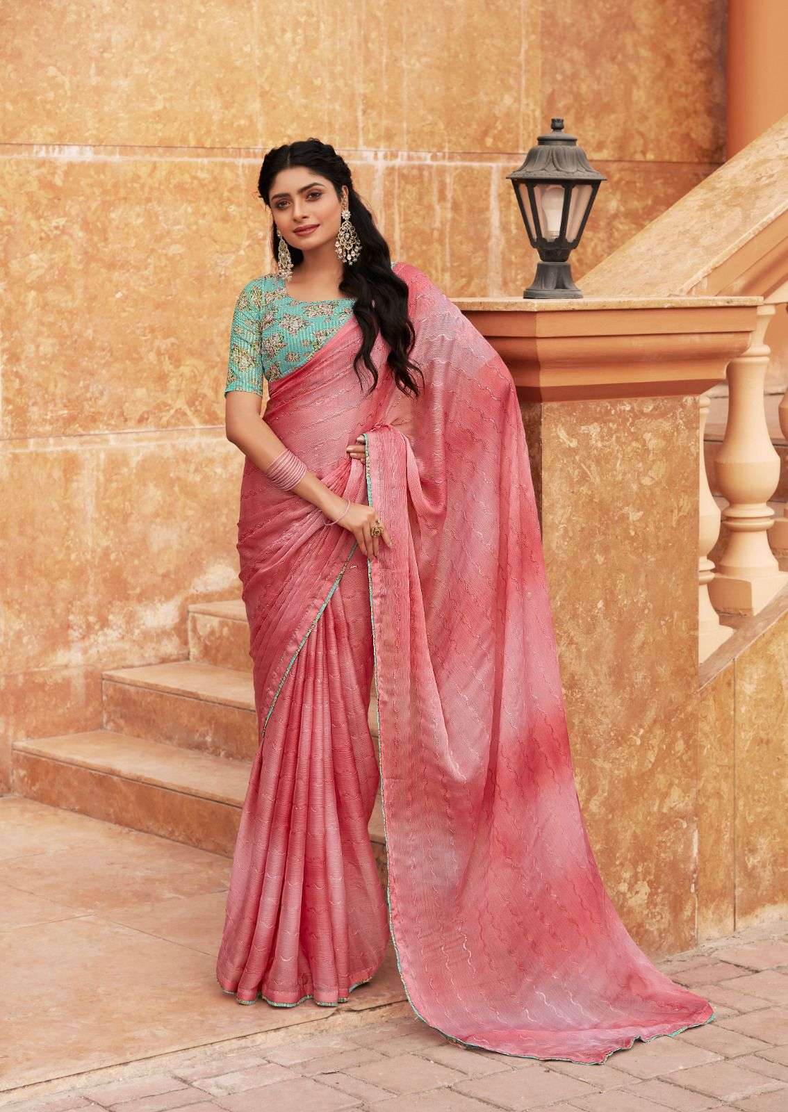 DESIGNER FANCY WEDDING PARTY WEAR INDIAN PINK CHIFFON SILK SAREE SM STAVAN 101