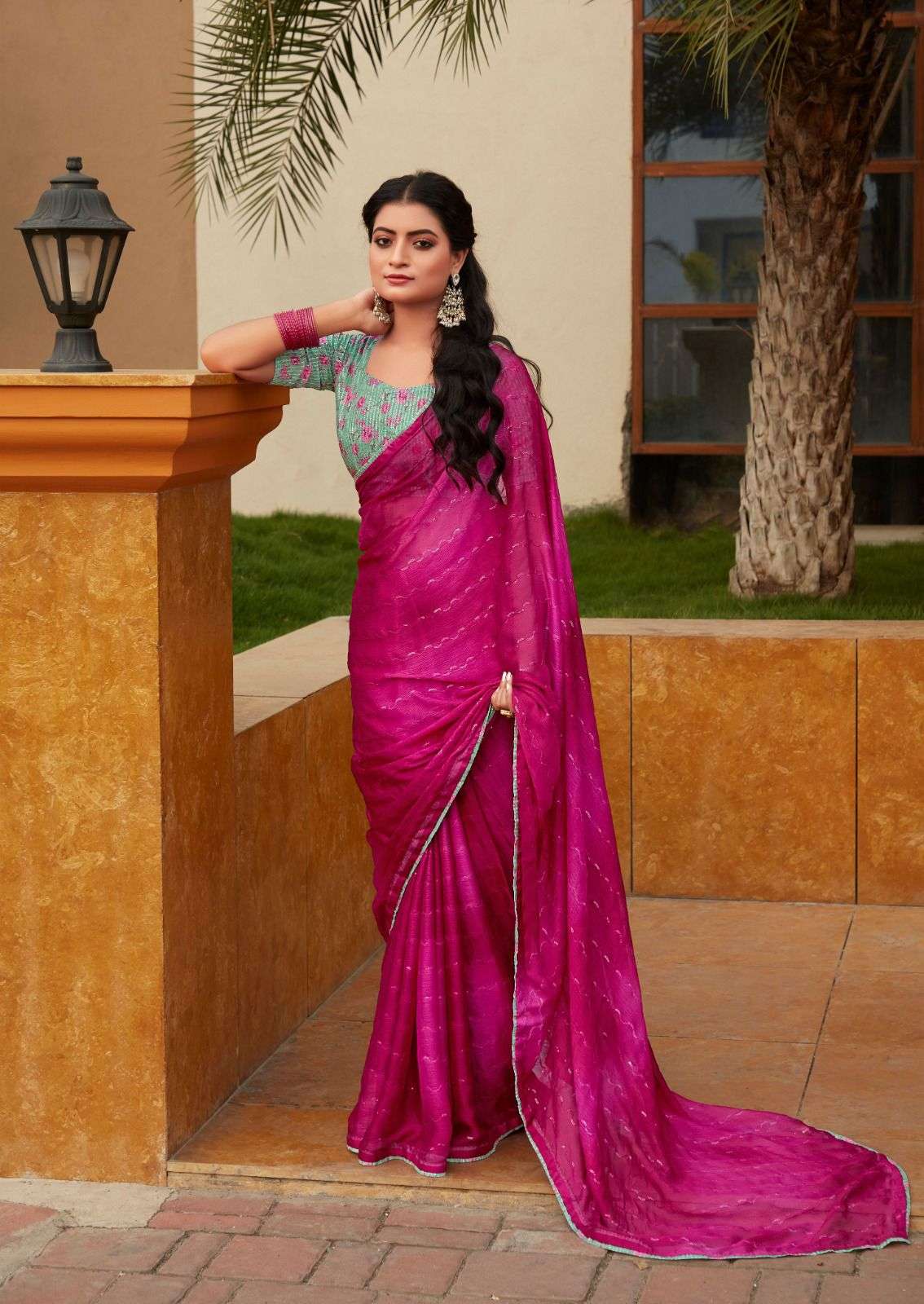 DESIGNER FANCY WEDDING PARTY WEAR INDIAN PINK CHIFFON SILK SAREE SM STAVAN 109