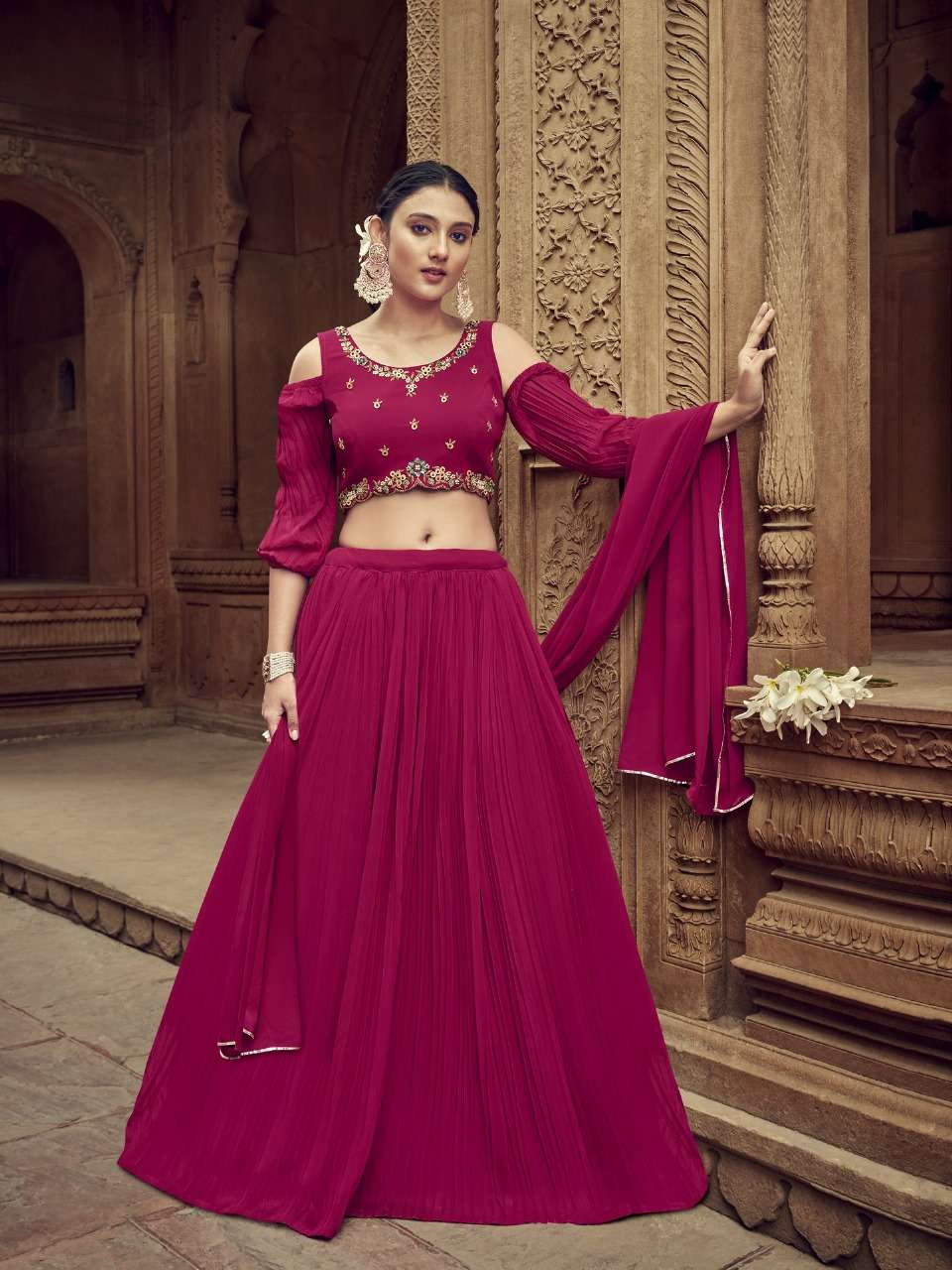 DESIGNER FANCY WEDDING PARTY WEAR INDIAN PINK GEORGETTE HANDWORK LEHENGA CHOLI WITH DUPATTA SHREEMATEE NANDINI 167