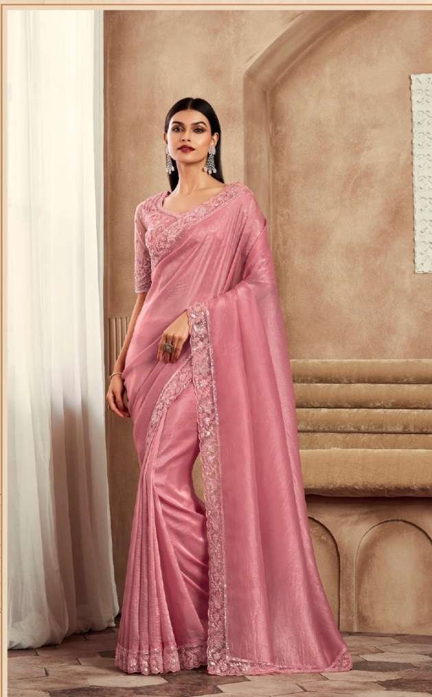 DESIGNER FANCY WEDDING PARTY WEAR INDIAN PINK SILK SAREE COLLECTION SM TFH SARVARATNA 7909