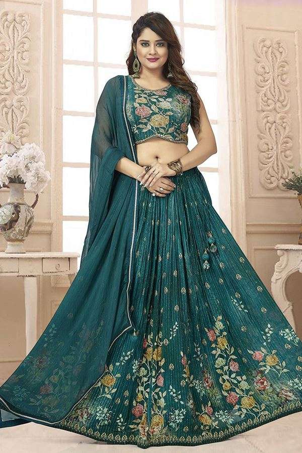 DESIGNER FANCY WEDDING PARTY WEAR INDIAN PURE CHINON GREEN LEHENGA CHOLI DST BASANTI 4003