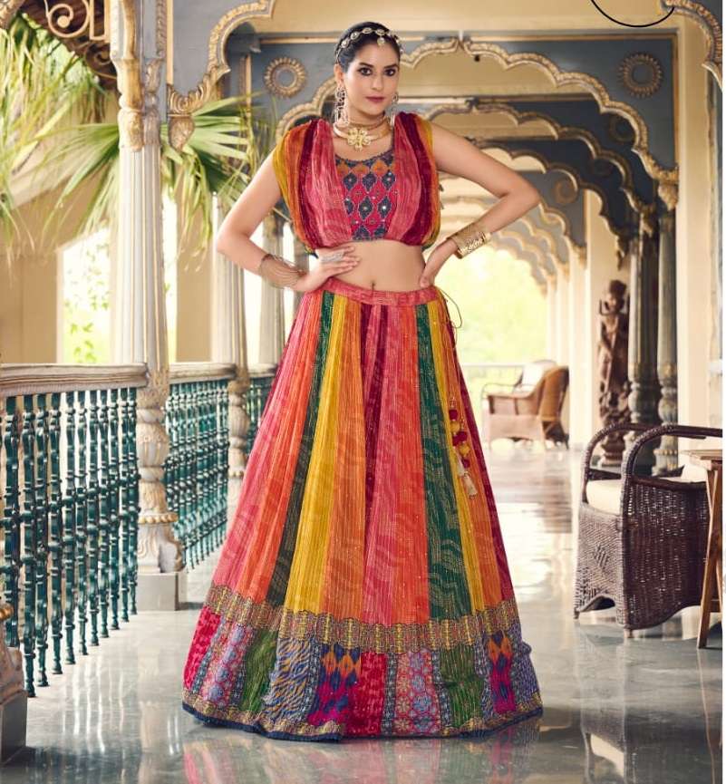 DESIGNER FANCY WEDDING PARTY WEAR INDIAN PURE CHINON MULTICOLOR SILK READY TO WEAR LEHENGA CHOLI DST VIRASAT 2001