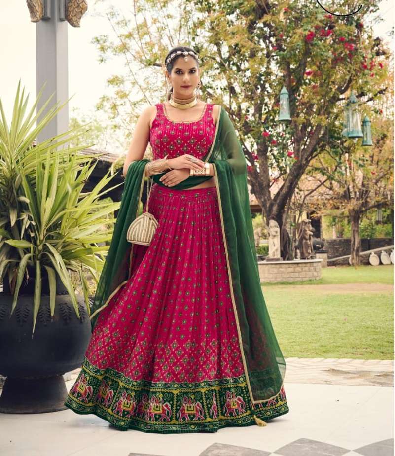 DESIGNER FANCY WEDDING PARTY WEAR INDIAN PURE CHINON PINK GREEN SILK READY TO WEAR LEHENGA CHOLI DST VIRASAT 2003