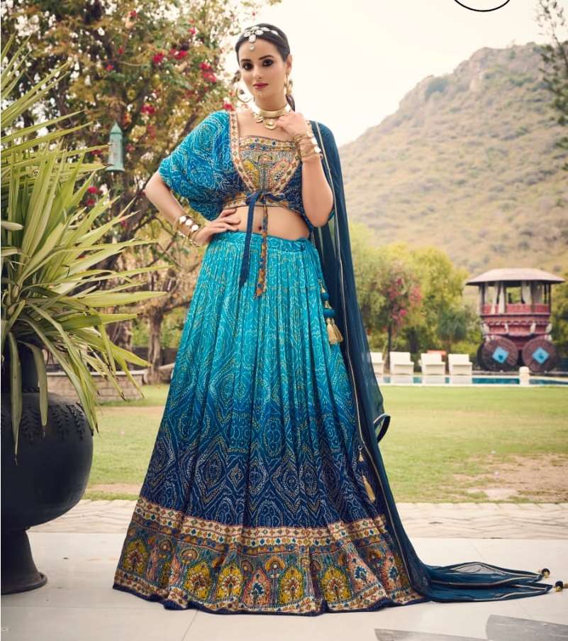 DESIGNER FANCY WEDDING PARTY WEAR INDIAN PURE CHINON BLUE SILK READY TO WEAR LEHENGA CHOLI DST VIRASAT 2004