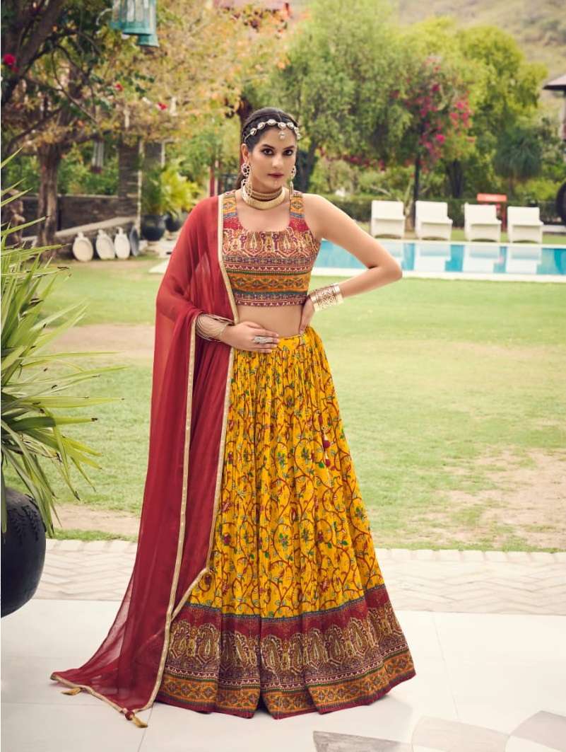 DESIGNER FANCY WEDDING PARTY WEAR INDIAN PURE CHINON YELLOW SILK READY TO WEAR LEHENGA CHOLI DST VIRASAT 2005