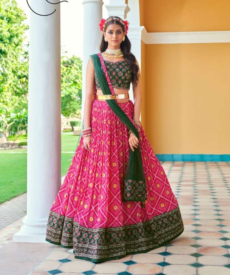 DESIGNER FANCY WEDDING PARTY WEAR INDIAN PURE CHINON PINK SILK READY TO WEAR LEHENGA CHOLI DST VIRASAT 2006