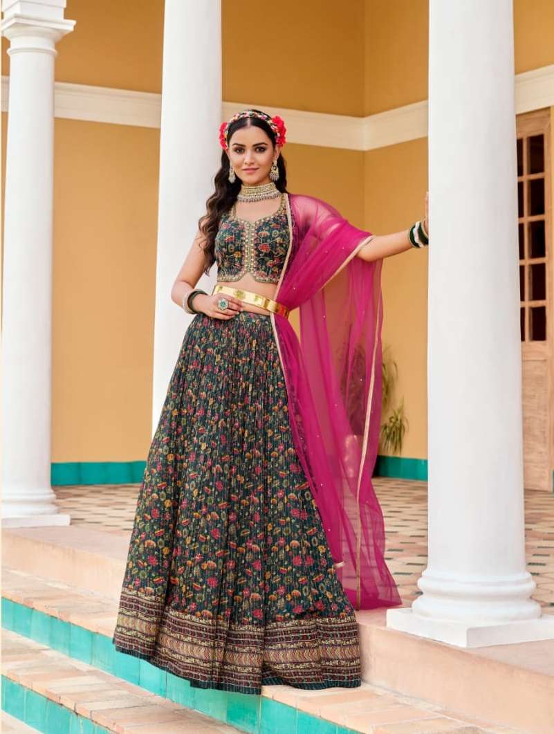 DESIGNER FANCY WEDDING PARTY WEAR INDIAN PURE CHINON GREEN SILK READY TO WEAR LEHENGA CHOLI DST VIRASAT 2007