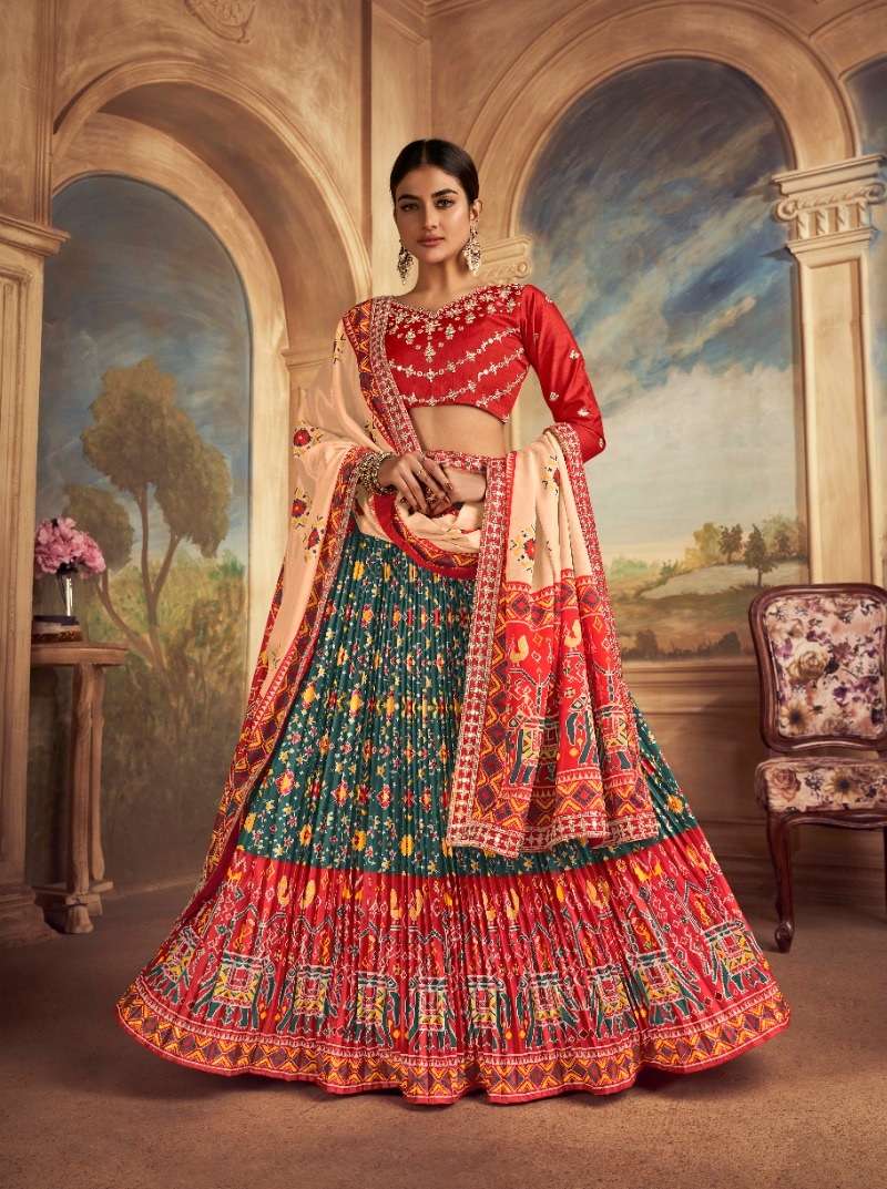 DESIGNER FANCY WEDDING PARTY WEAR INDIAN PURE GAJJI SILK READY TO WEAR BLUE RED LEHENGA CHOLI SM KAMAKSHI 2101