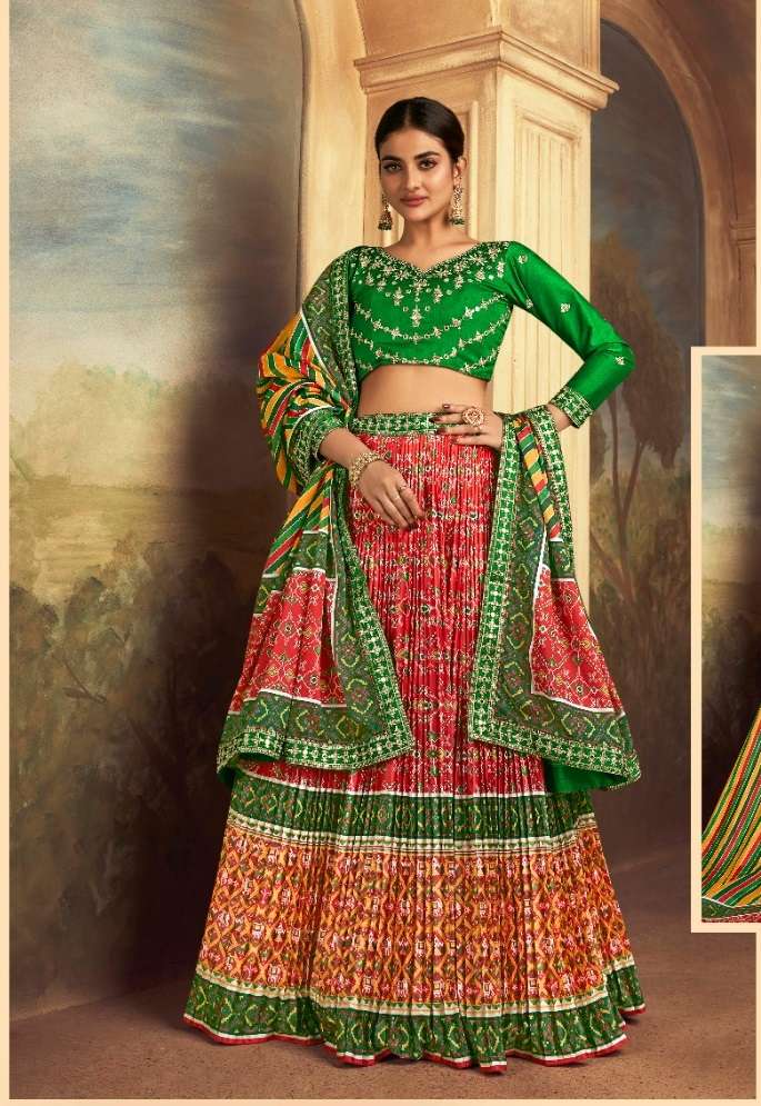 DESIGNER FANCY WEDDING PARTY WEAR INDIAN PURE GAJJI SILK READY TO WEAR RED GREEN LEHENGA CHOLI SM KAMAKSHI 2102