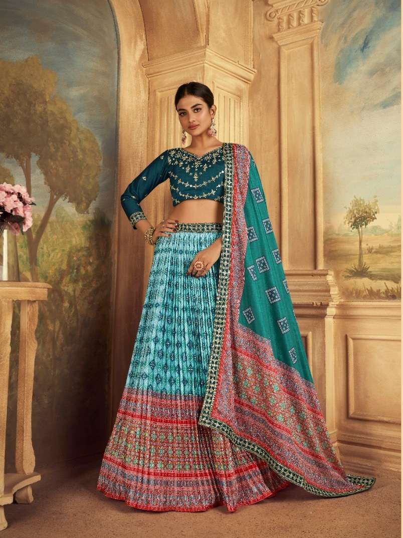 DESIGNER FANCY WEDDING PARTY WEAR INDIAN PURE GAJJI SILK READY TO WEAR SKY BLUE LEHENGA CHOLI SM KAMAKSHI 2104