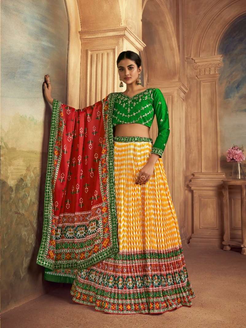 DESIGNER FANCY WEDDING PARTY WEAR INDIAN PURE GAJJI SILK READY TO WEAR YELLOW LEHENGA CHOLI SM KAMAKSHI 2108