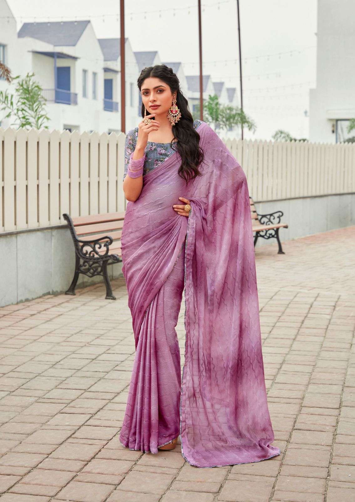 DESIGNER FANCY WEDDING PARTY WEAR INDIAN PURPLE CHIFFON SILK SAREE SM STAVAN 107