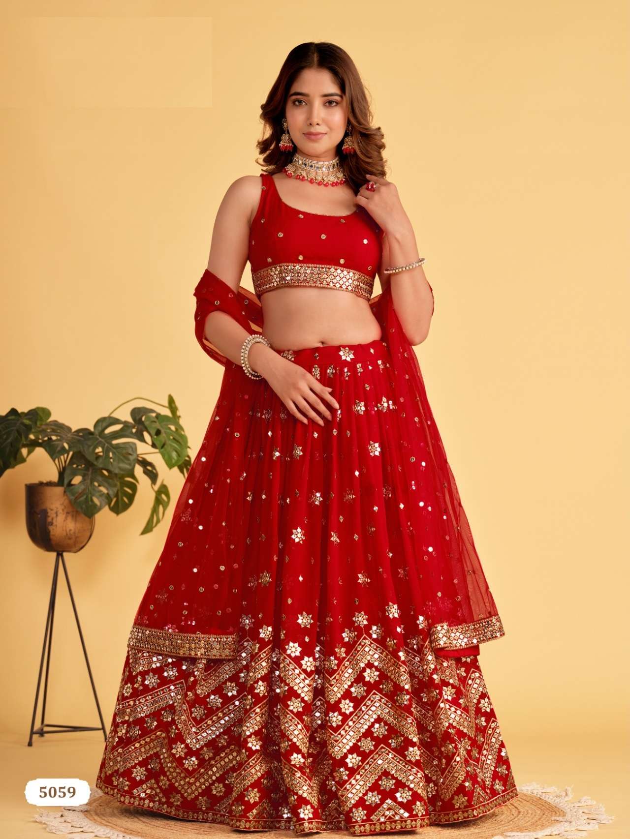 DESIGNER FANCY WEDDING PARTY WEAR INDIAN RED GEORGETTE LEHENGA CHOLI ZEEL ANTIQUE AURA 5059