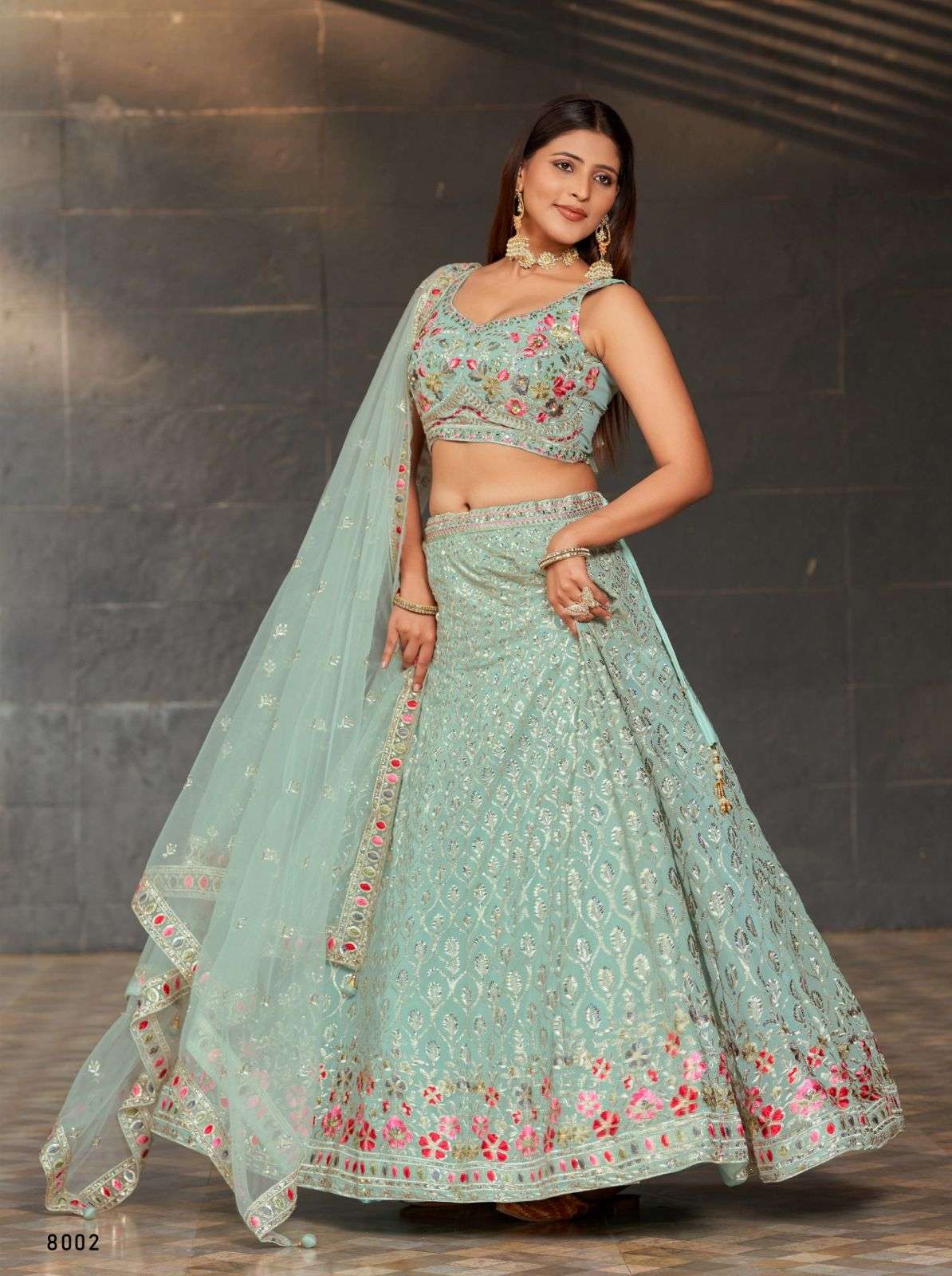 DESIGNER FANCY WEDDING PARTY WEAR INDIAN SKY BLUE GEORGETTE LEHENGA CHOLI WITH DUPATTA DST GOLDEN PALM 8002