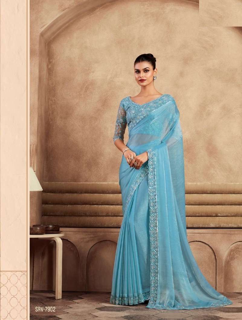 DESIGNER FANCY WEDDING PARTY WEAR INDIAN SKY BLUE SILK SAREE COLLECTION SM TFH SARVARATNA 7902