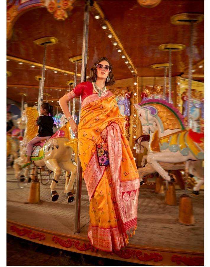 DESIGNER FANCY WEDDING PARTY WEAR INDIAN YELLOW BANARASI SILK SAREE SM RJT KAITRA 356005