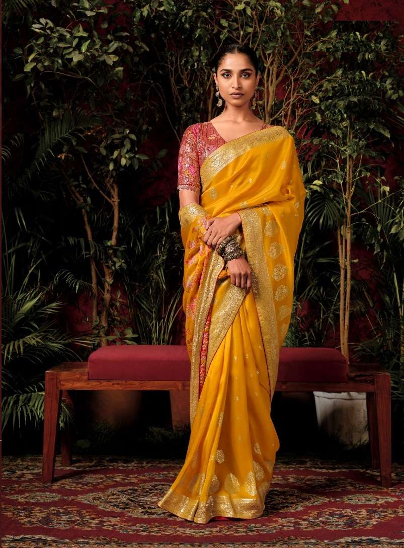 DESIGNER FANCY WEDDING PARTY WEAR INDIAN YELLOW BANARASI SILK SAREE COLLECTION SM KIMORA ANOKHI 270