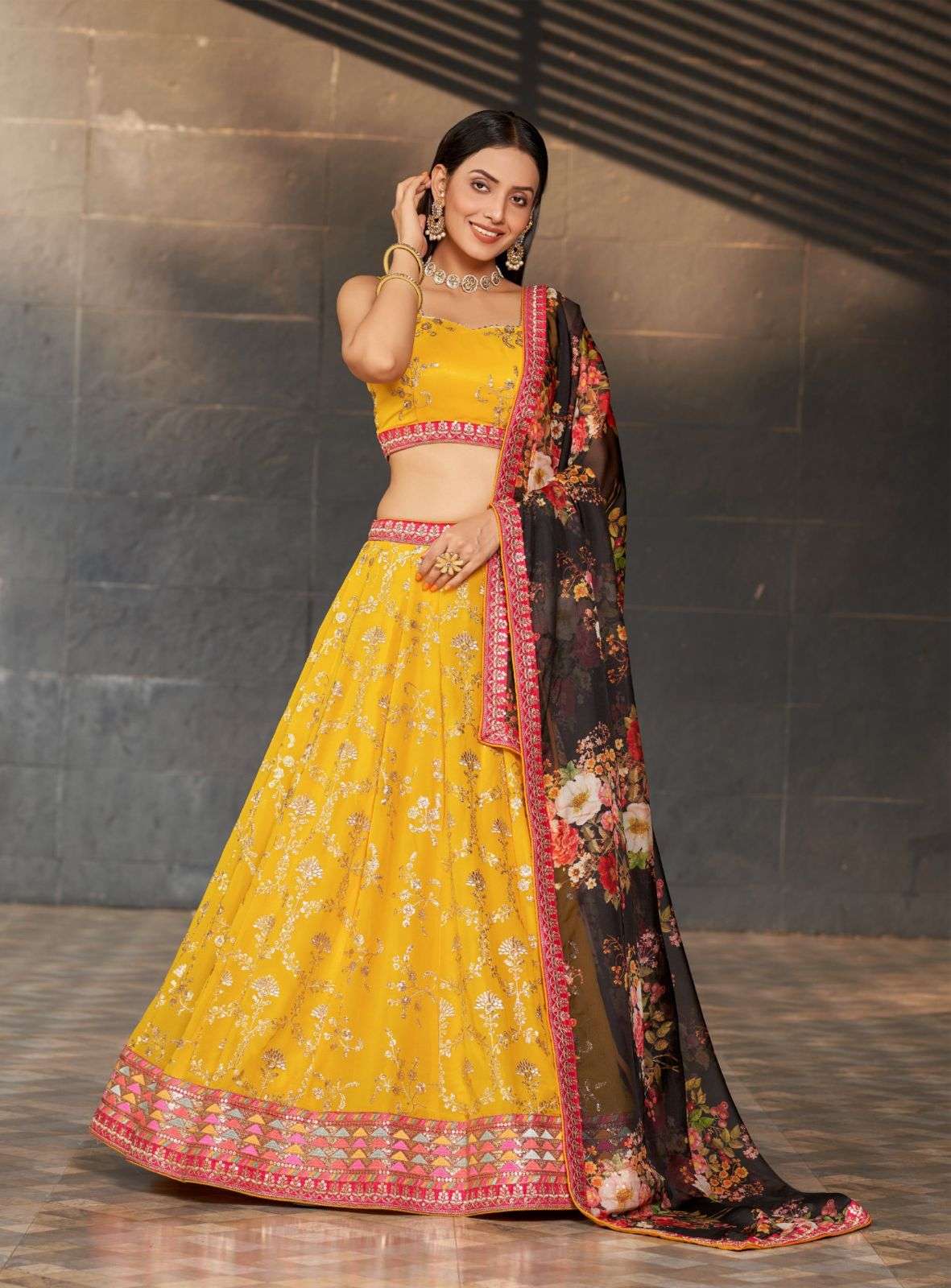 DESIGNER FANCY WEDDING PARTY WEAR INDIAN YELLOW GEORGETTE LEHENGA CHOLI WITH DUPATTA DST GOLDEN PALM 8001