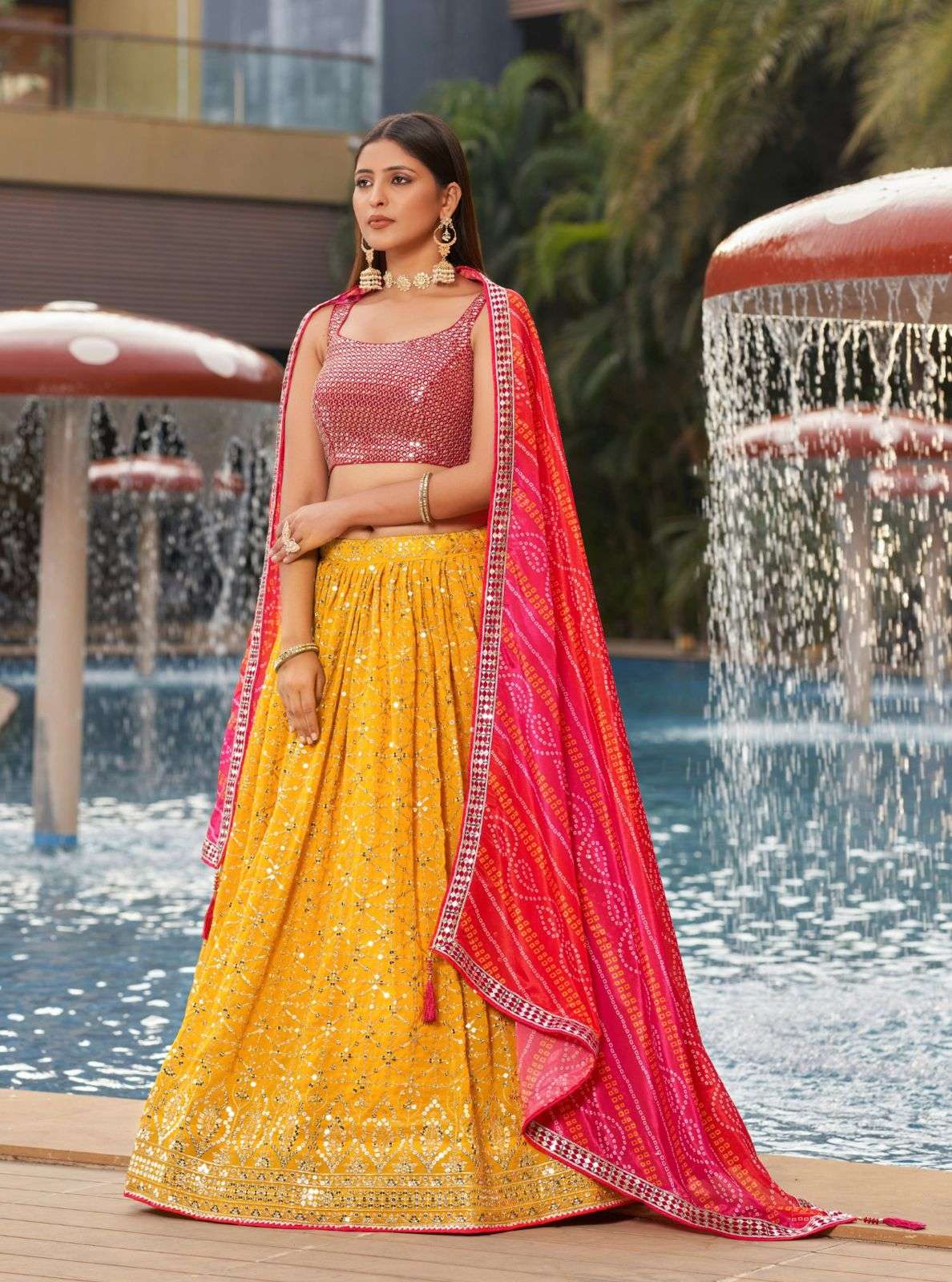 DESIGNER FANCY WEDDING PARTY WEAR INDIAN YELLOW GEORGETTE LEHENGA CHOLI WITH DUPATTA DST GOLDEN PALM 8008