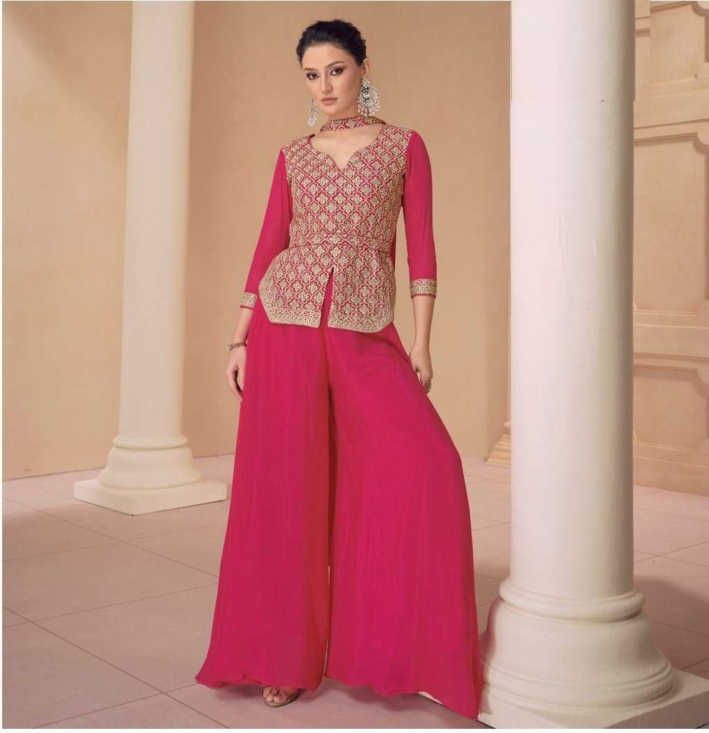 DESIGNER FANCY WEDDING PARTY WEAR PREMIUM CHINON SILK PINK TOP STYLE SHARARA SALWAR SUIT SY SURBHI 5448