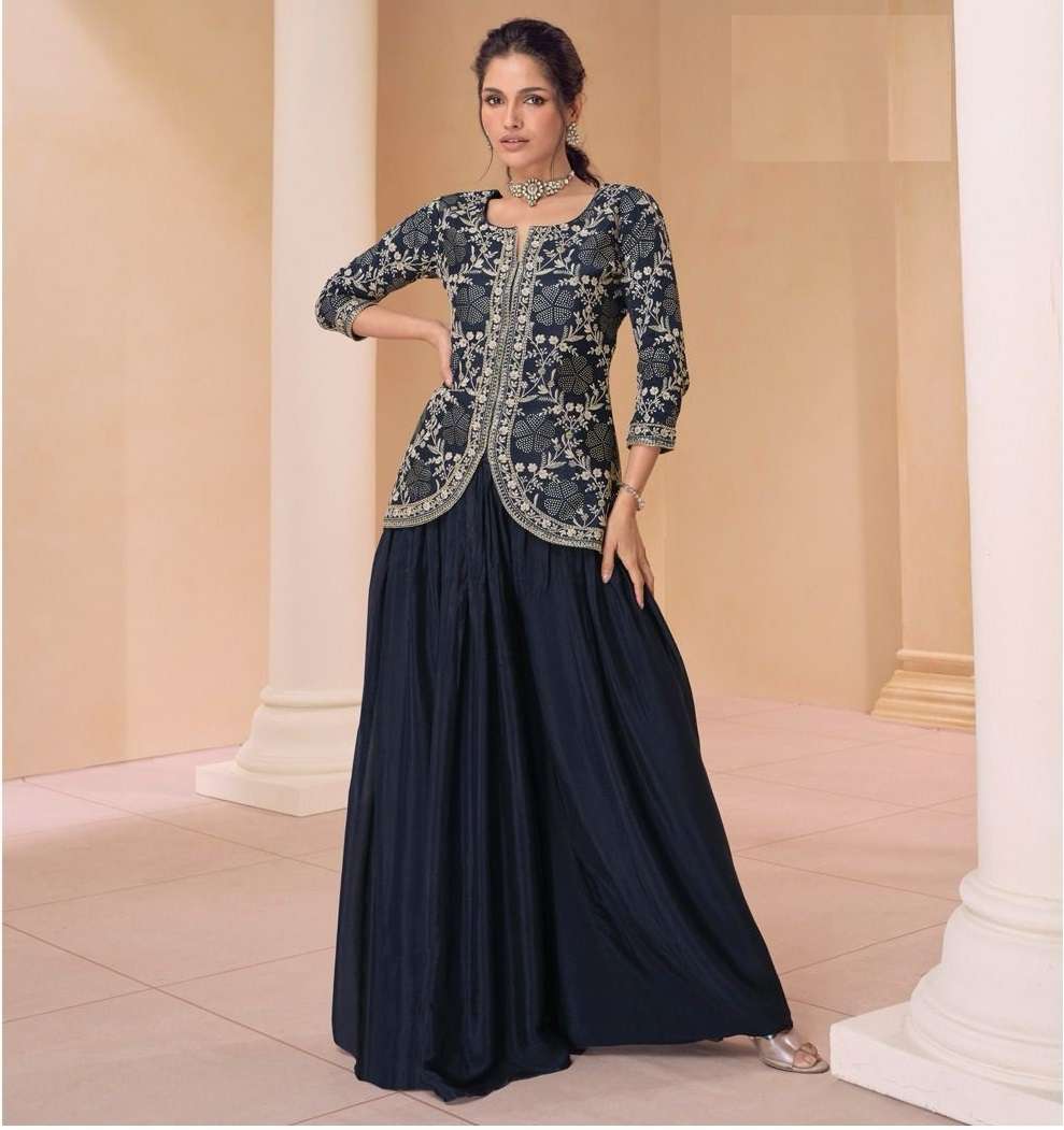 DESIGNER FANCY WEDDING PARTY WEAR PREMIUM CHINON SILK BLUE TOP STYLE SHARARA SALWAR SUIT SY SURBHI 5449