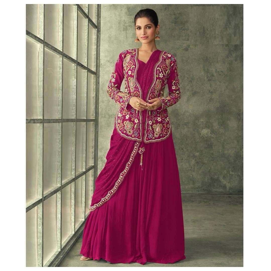 DESIGNER FANCY WEDDING PARTY WEAR REAL GEORGETTE PINK ANARKALI KOTI SALWAR SUIT GOWN SY EVERGREEN 5250G