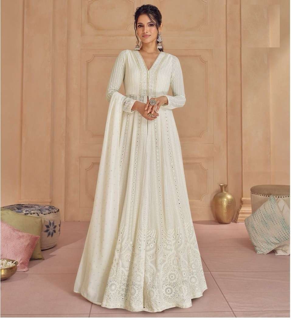 DESIGNER FANCY WEDDING PARTY WEAR WHITE GEORGETTE ANARKALI SALWAR SUIT GOWN DRESS SY SAIRA 5437