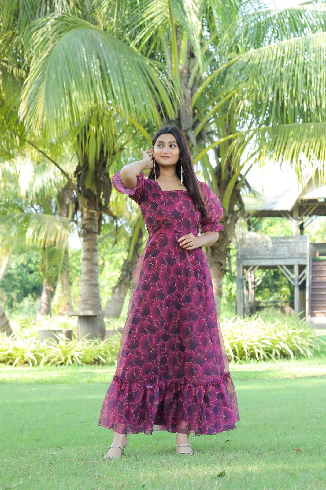 DESIGNER FANCY WEDDING PARTY WEAR WINE FLORAL PRINTED GEORGETTE ANARKALI SALWAR SUIT GOWN AHVN 713