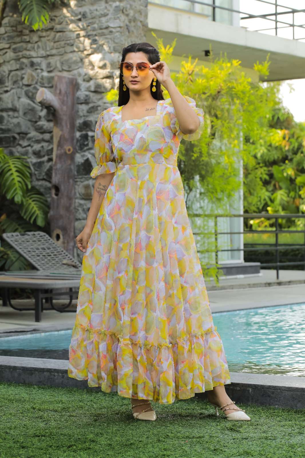 DESIGNER FANCY WEDDING PARTY WEAR YELLOW FLORAL PRINTED GEORGETTE ANARKALI SALWAR SUIT GOWN AHVN 711