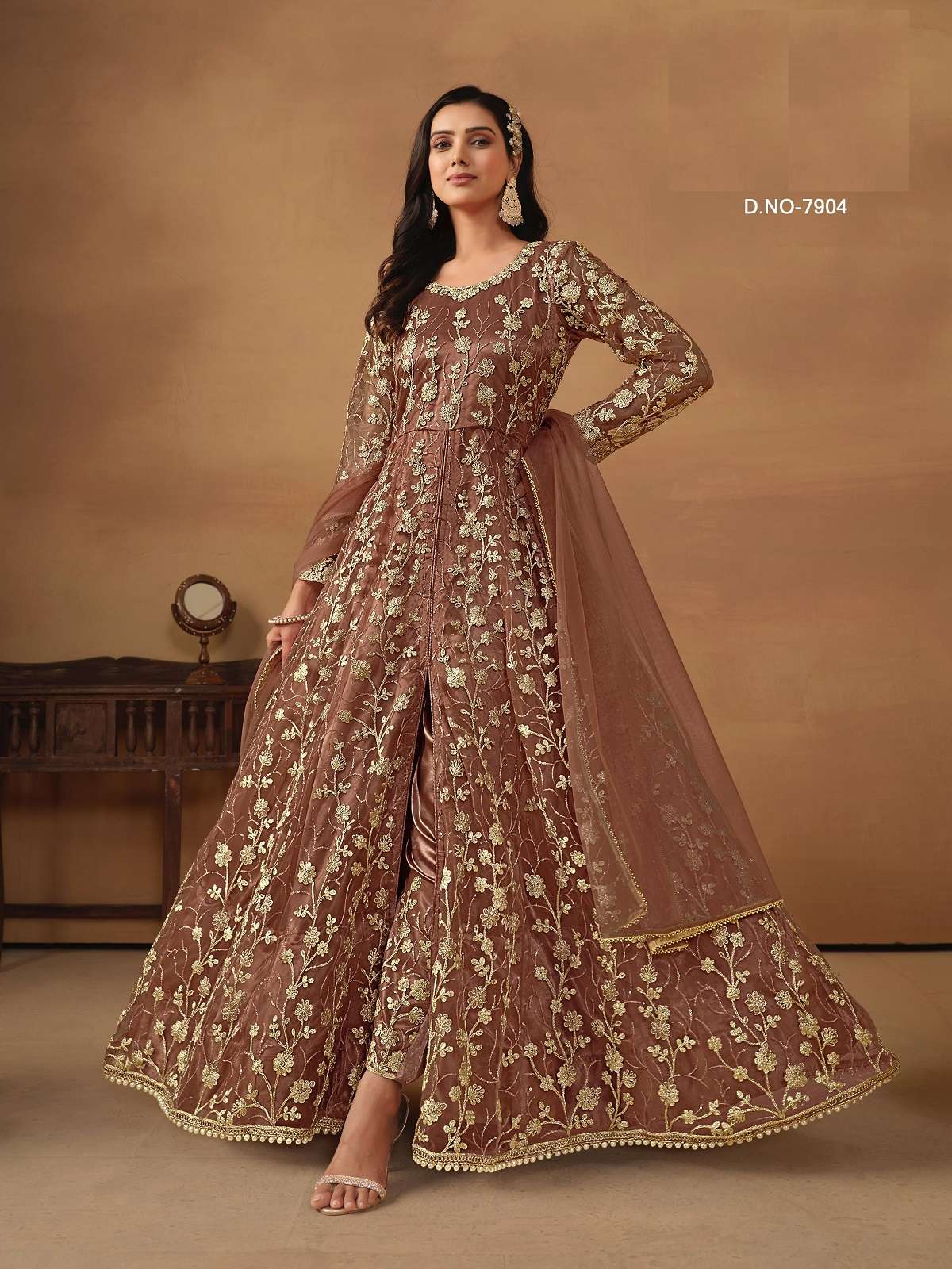 INDIAN DESIGNER FANCY WEDDING BRIDAL PARTY WEAR BROWN NET ANARKALI SALWAR SUIT GOWN ANY 7904