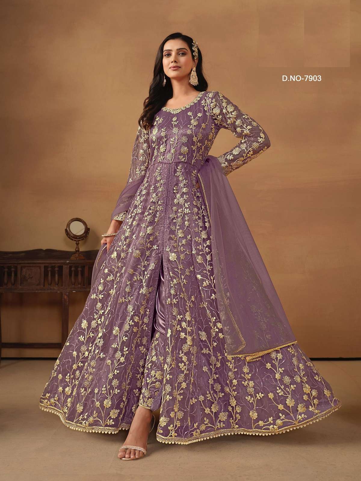 INDIAN DESIGNER FANCY WEDDING BRIDAL PARTY WEAR LAVENDER NET ANARKALI SALWAR SUIT GOWN ANY 7903