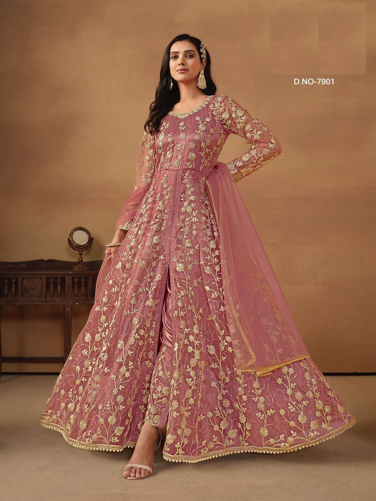 INDIAN DESIGNER FANCY WEDDING BRIDAL PARTY WEAR PINK NET ANARKALI SALWAR SUIT GOWN ANY 7901