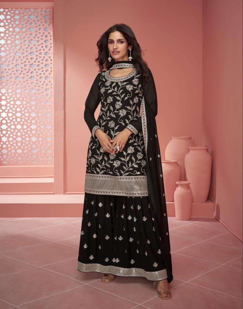 INDIAN DESIGNER FANCY WEDDING PARTY WEAR BLACK FAUX GEORGETTE SHARARA PALLAZO SALWAR SUIT AF RUPALI 9919