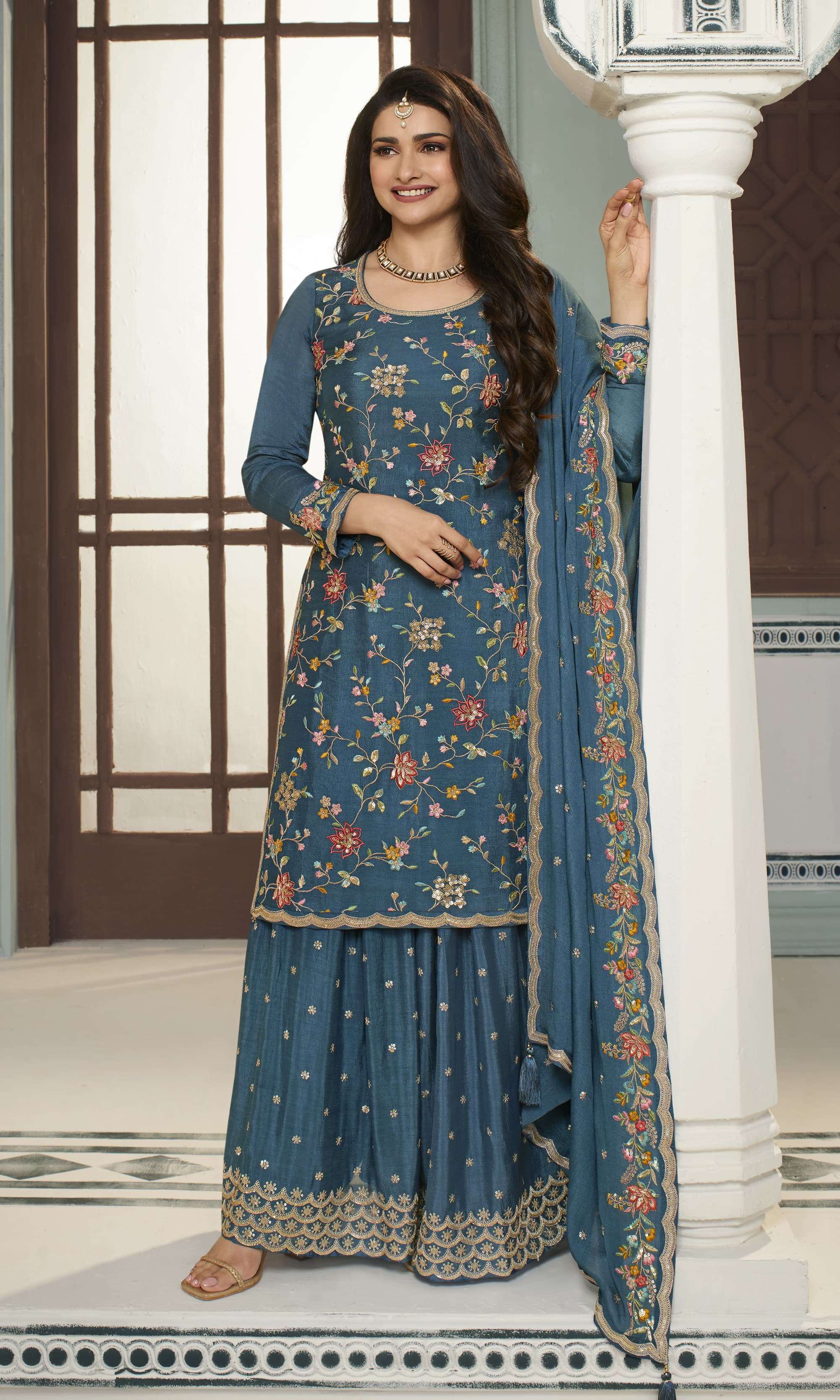 INDIAN DESIGNER FANCY WEDDING PARTY WEAR BLUE CHINON SILK SHARARA PALLAZO SALWAR SUIT RH AVANTI 66306