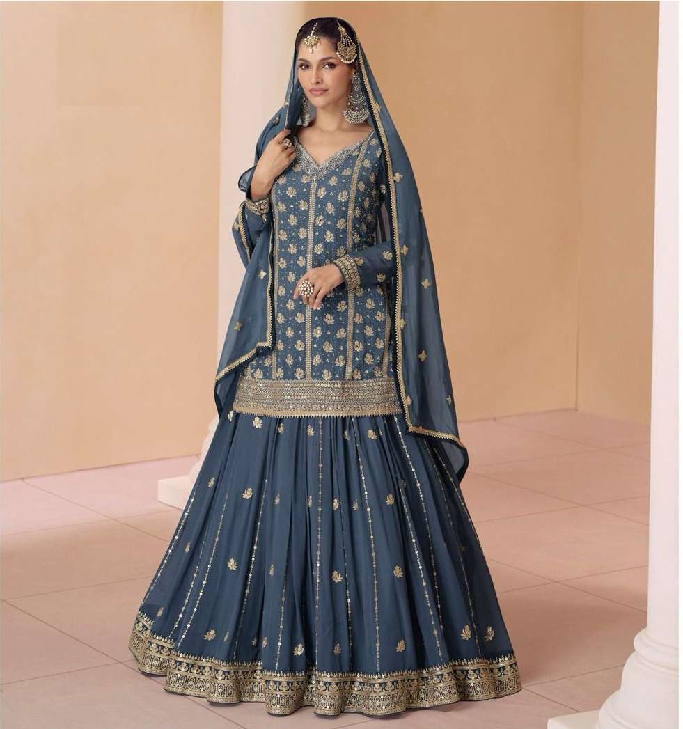 INDIAN DESIGNER FANCY WEDDING PARTY WEAR BLUE GEORGETTE SHARARA PALLAZO SALWAR SUIT SY SARA 5419