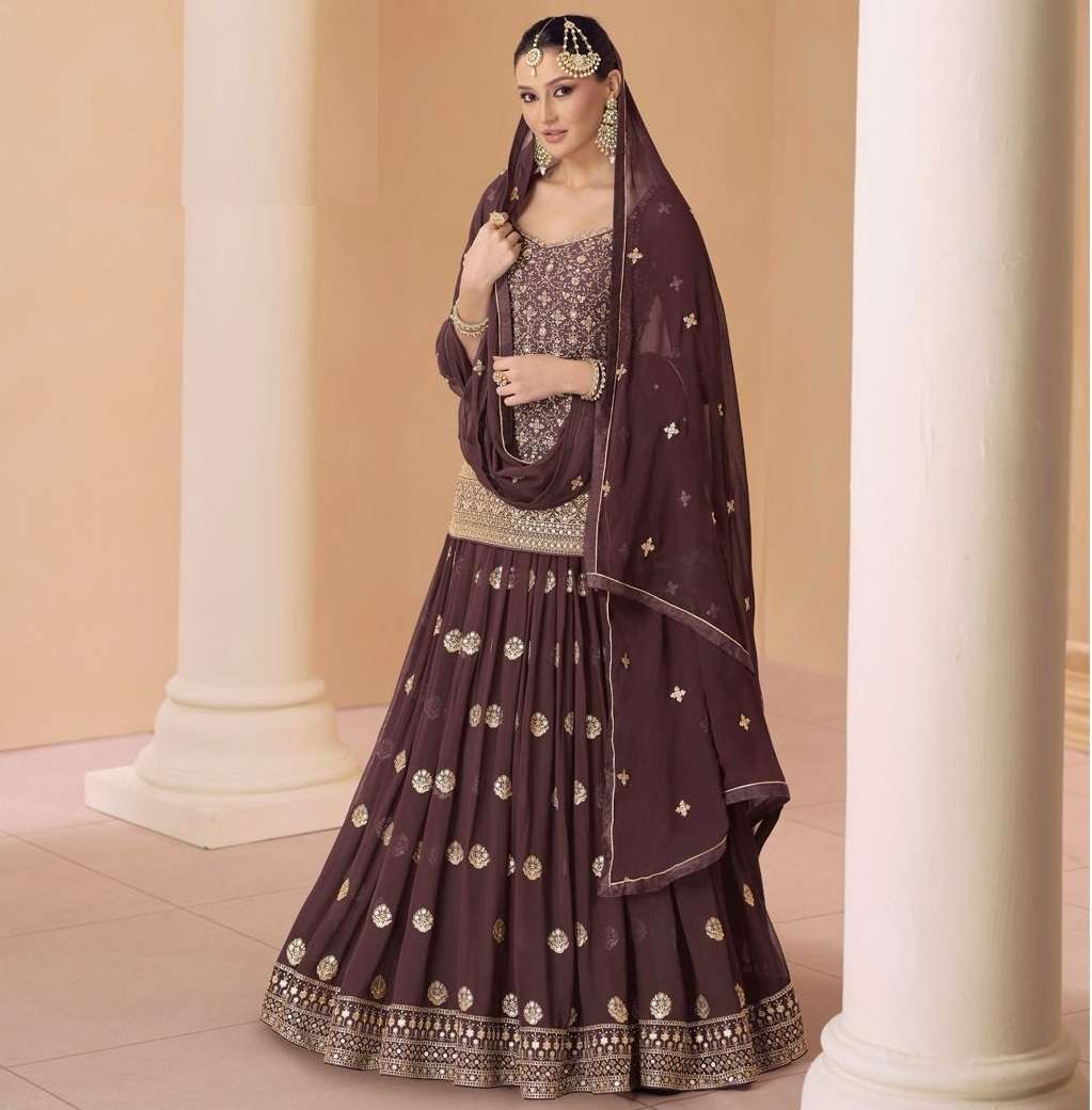 INDIAN DESIGNER FANCY WEDDING PARTY WEAR BROWN GEORGETTE SHARARA PALLAZO SALWAR SUIT SY SARA 5420