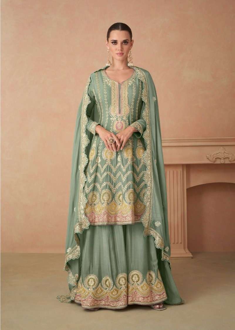 INDIAN DESIGNER FANCY WEDDING PARTY WEAR CHINON GREEN SHARARA PALLAZO SALWAR SUIT GL SAHIRA 7438 A