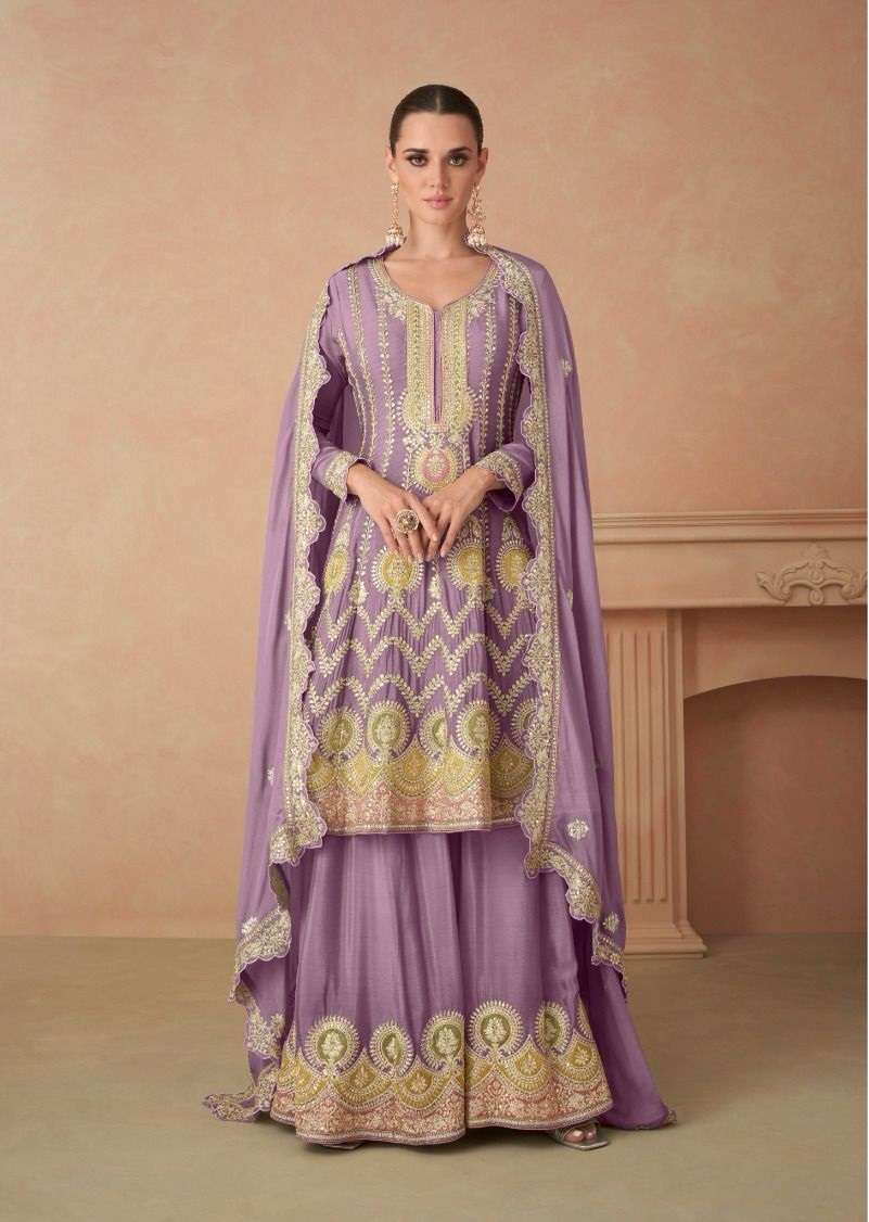 INDIAN DESIGNER FANCY WEDDING PARTY WEAR CHINON LAVENDER SHARARA PALLAZO SALWAR SUIT GL SAHIRA 7438 D