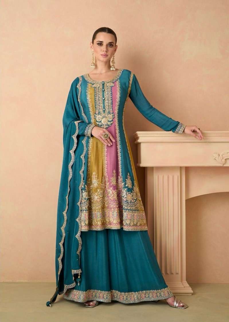 INDIAN DESIGNER FANCY WEDDING PARTY WEAR CHINON SILK BLUE SHARARA PALLAZO SALWAR SUIT GL IZHAR 7441 A