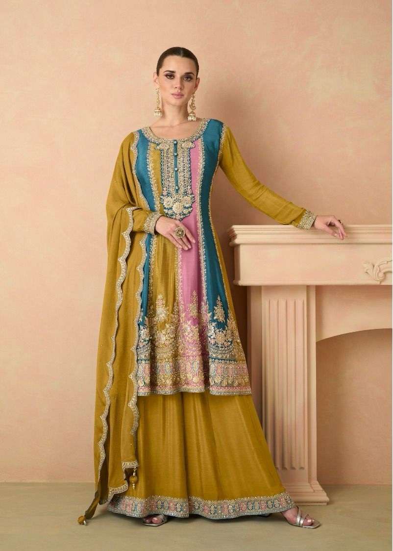 INDIAN DESIGNER FANCY WEDDING PARTY WEAR CHINON SILK YELLOW SHARARA PALLAZO SALWAR SUIT GL IZHAR 7441 B