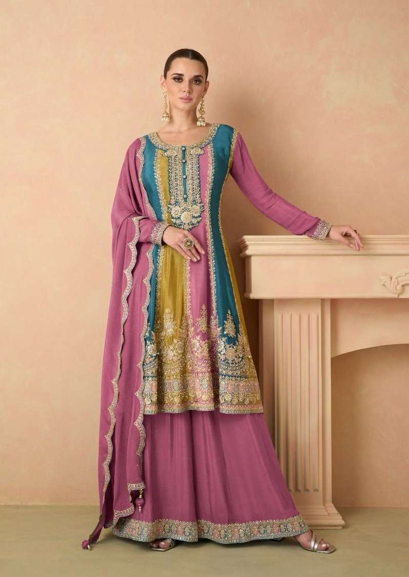 INDIAN DESIGNER FANCY WEDDING PARTY WEAR CHINON SILK PINK SHARARA PALLAZO SALWAR SUIT GL IZHAR 7441 C