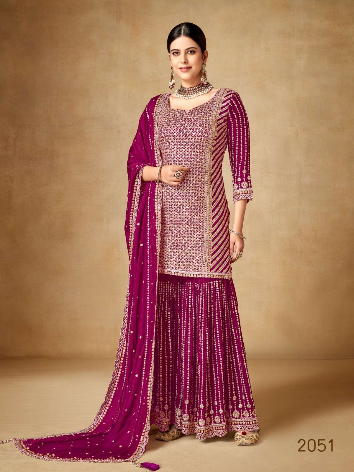 INDIAN DESIGNER FANCY WEDDING PARTY WEAR CHINON SILK PINK PUNJABI SHARARA PALLAZO SALWAR SUIT CPR 2051