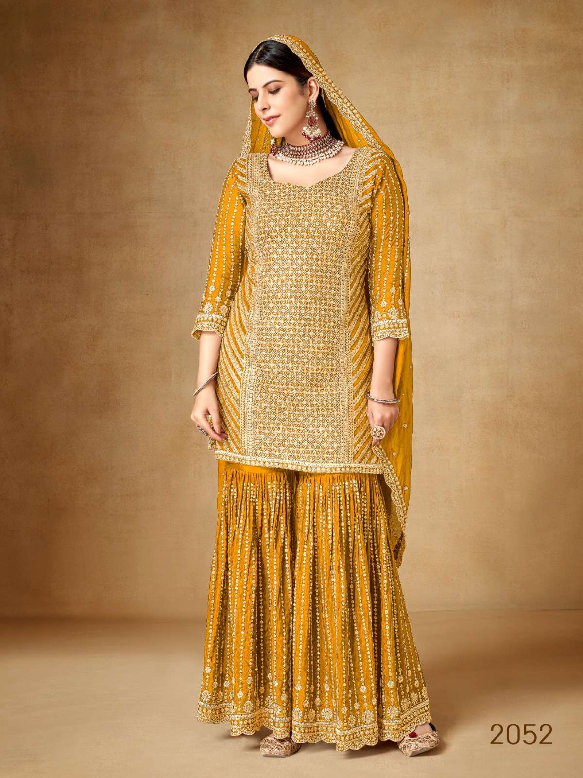 INDIAN DESIGNER FANCY WEDDING PARTY WEAR CHINON SILK YELLOW PUNJABI SHARARA PALLAZO SALWAR SUIT CPR 2052