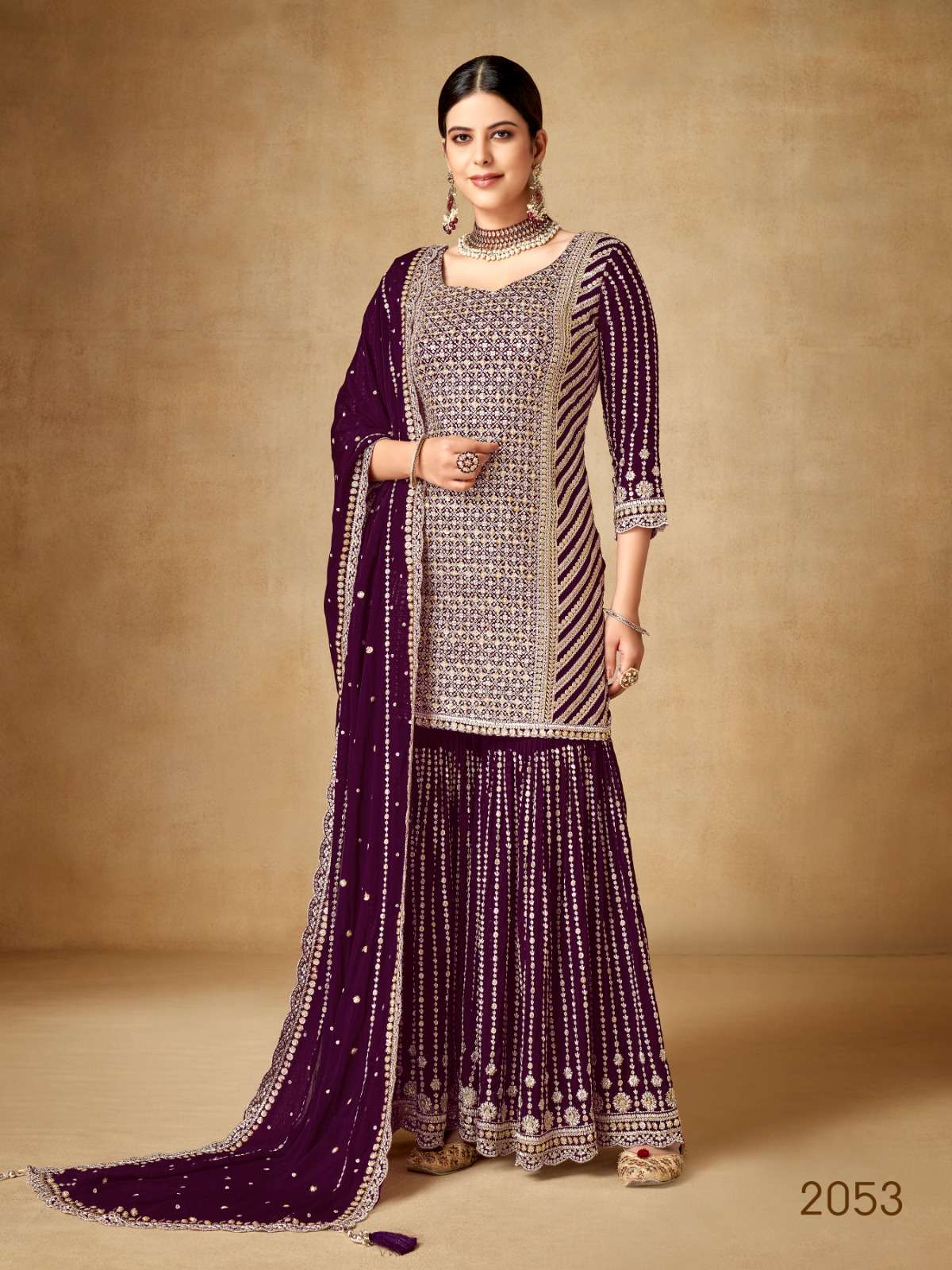 INDIAN DESIGNER FANCY WEDDING PARTY WEAR CHINON SILK WINE PUNJABI SHARARA PALLAZO SALWAR SUIT CPR 2053