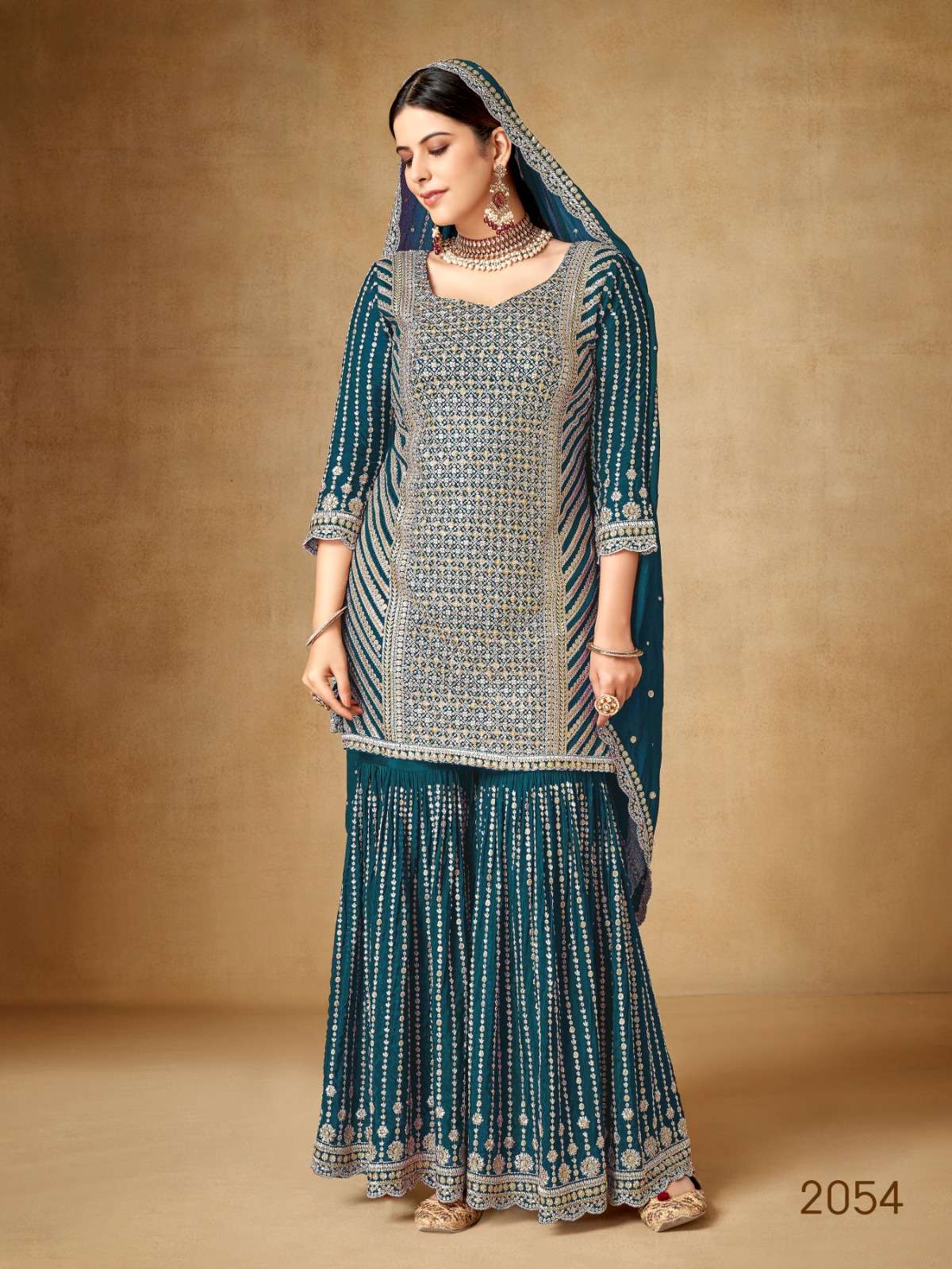 INDIAN DESIGNER FANCY WEDDING PARTY WEAR CHINON SILK TEAL BLUE PUNJABI SHARARA PALLAZO SALWAR SUIT CPR 2054